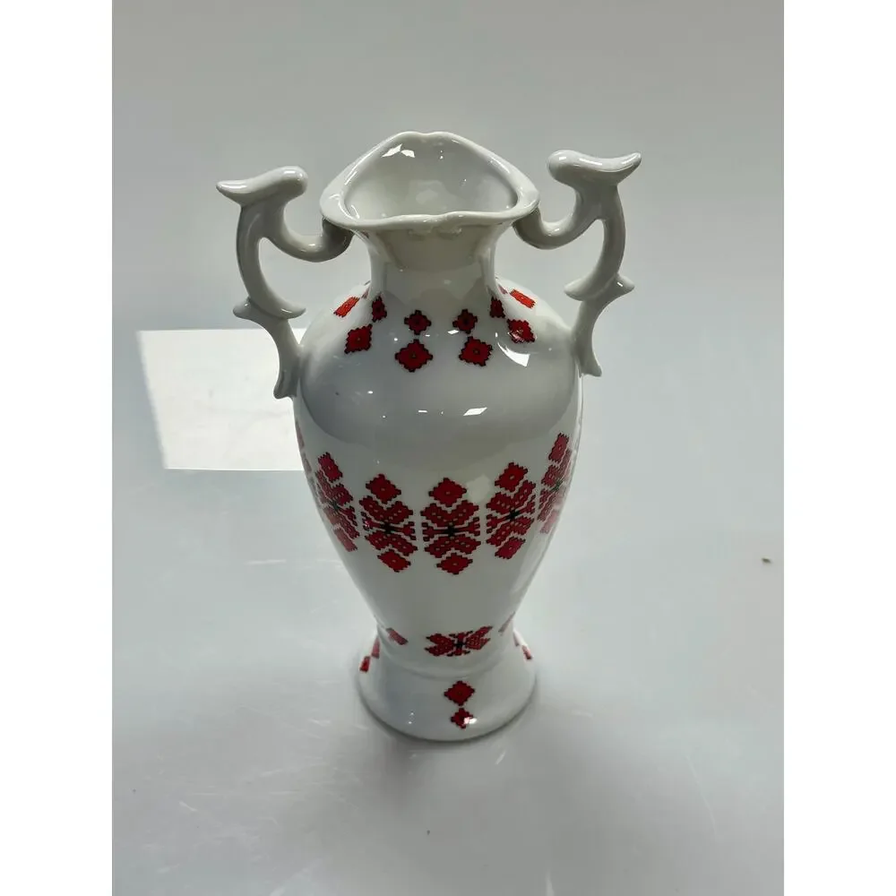 Vintage West German Porcelain Vase Red Black Folk Cross Stitch Decor